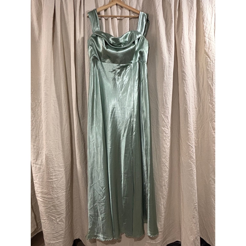 Birdy Grey Mia Satin Bridesmaid Dress Sage Green Cowl Neck Curve 1X Maxi Gown